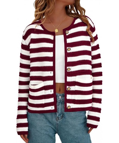 Open Front Cardigan Sweaters for Women Button Down Long Sleeve Casual Cute Knitted Shirts with Pockets Striped Wine Red_white...