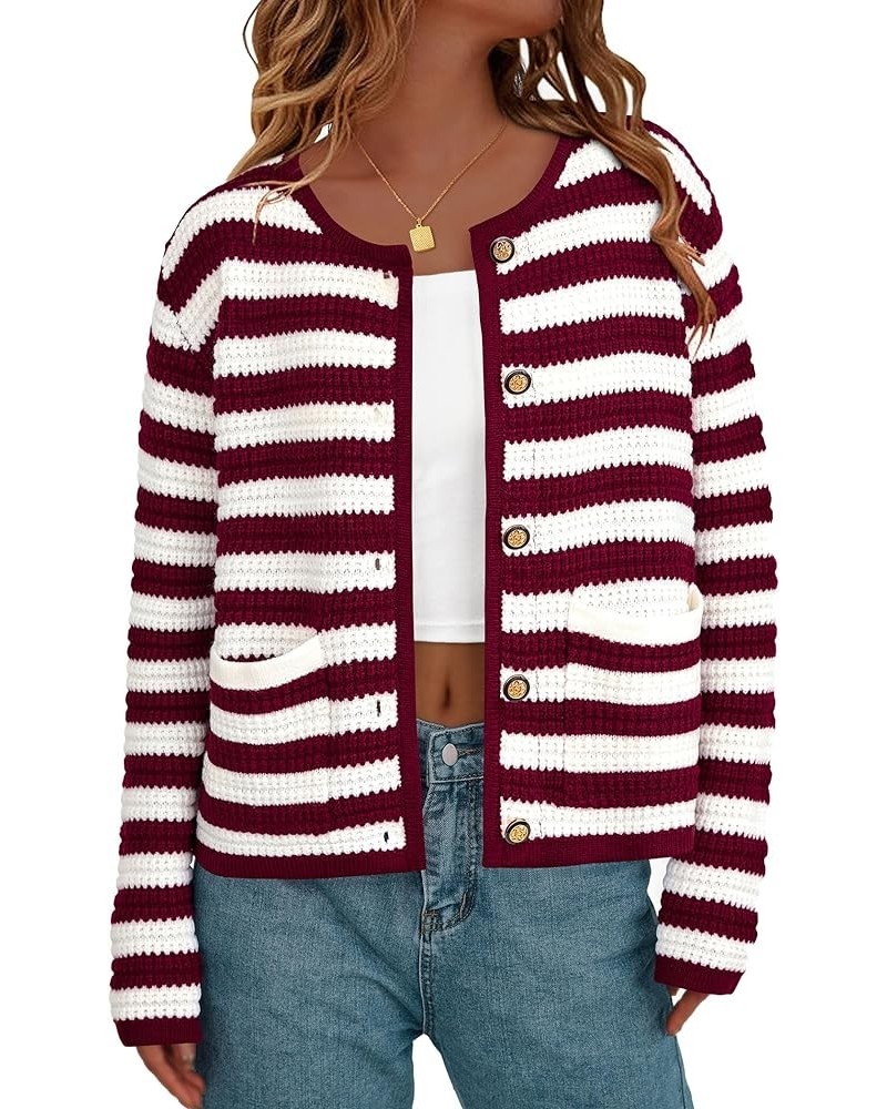 Open Front Cardigan Sweaters for Women Button Down Long Sleeve Casual Cute Knitted Shirts with Pockets Striped Wine Red_white...