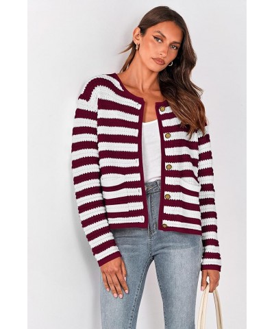 Open Front Cardigan Sweaters for Women Button Down Long Sleeve Casual Cute Knitted Shirts with Pockets Striped Wine Red_white...