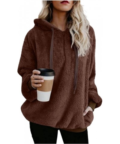 Women's Fuzzy Sweatshirts Sherpa Hooded Pullover Oversized Sweatshirt Pockets Fluffy Quarter Zip Hoodies Sweater Tops Brown $...