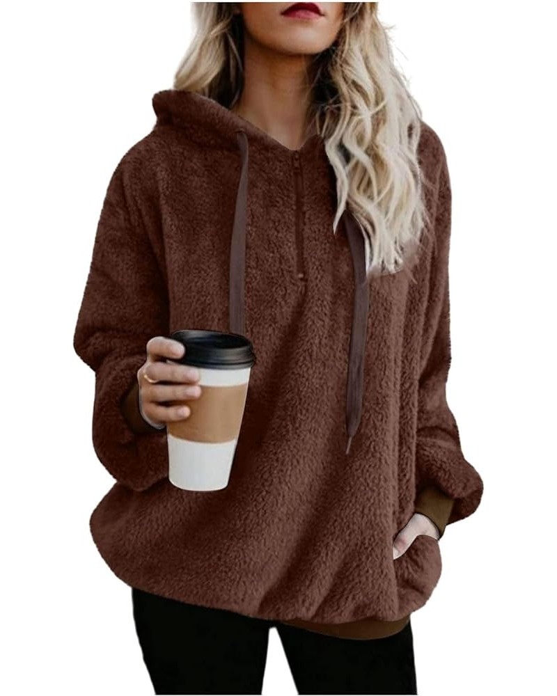 Women's Fuzzy Sweatshirts Sherpa Hooded Pullover Oversized Sweatshirt Pockets Fluffy Quarter Zip Hoodies Sweater Tops Brown $...