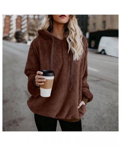 Women's Fuzzy Sweatshirts Sherpa Hooded Pullover Oversized Sweatshirt Pockets Fluffy Quarter Zip Hoodies Sweater Tops Brown $...