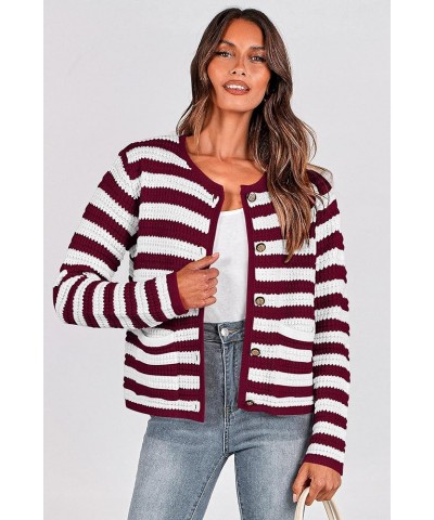 Open Front Cardigan Sweaters for Women Button Down Long Sleeve Casual Cute Knitted Shirts with Pockets Striped Wine Red_white...