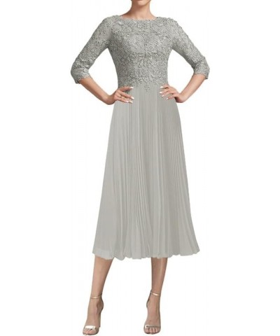 Mother of The Bride Dresses Tea Length Lace Evening Dress Pleated Chiffon Formal Gowns for Women Silver $32.68 Dresses