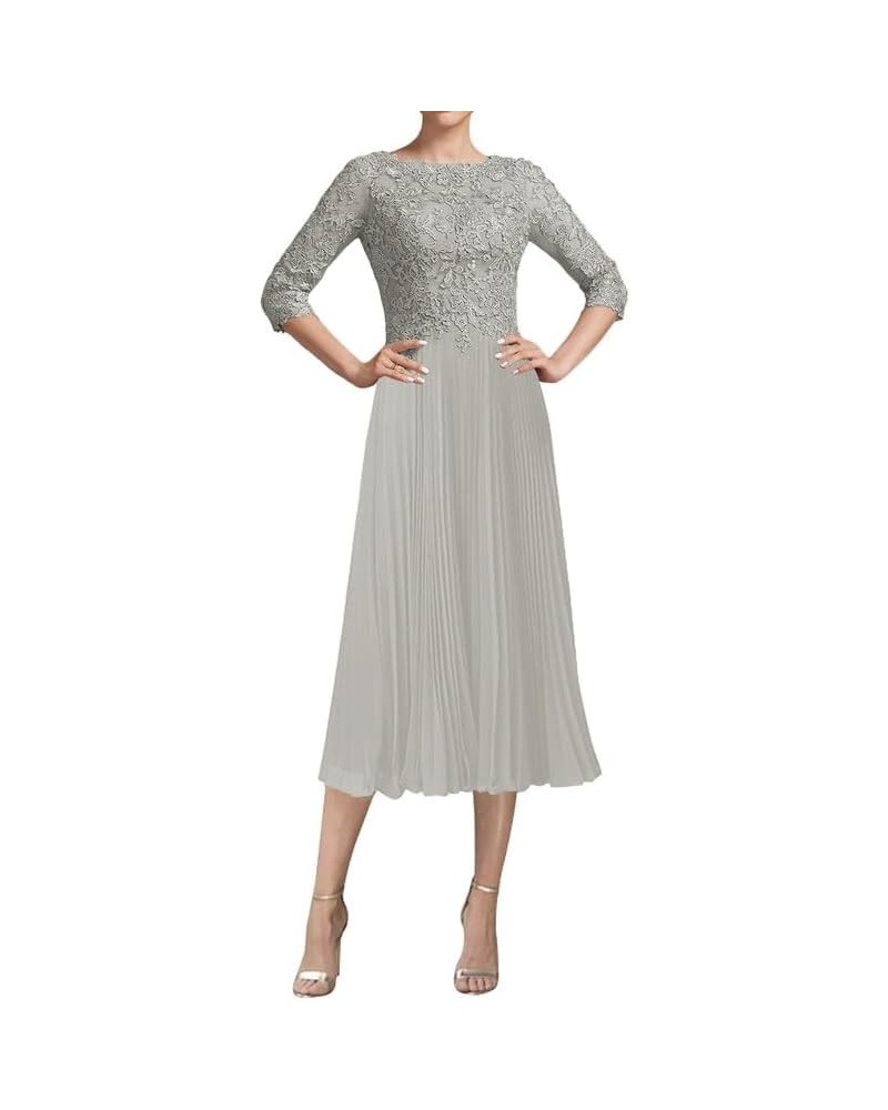 Mother of The Bride Dresses Tea Length Lace Evening Dress Pleated Chiffon Formal Gowns for Women Silver $32.68 Dresses