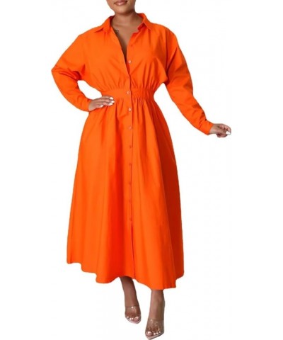 Women's Button Down Shirt A-line Dress Pleated Long Sleeve Casual Maxi Dresses Pockets Front Orange $23.31 Dresses