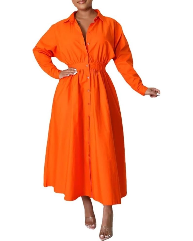 Women's Button Down Shirt A-line Dress Pleated Long Sleeve Casual Maxi Dresses Pockets Front Orange $23.31 Dresses