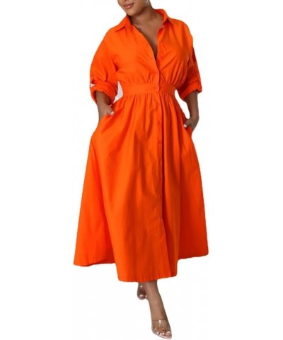 Women's Button Down Shirt A-line Dress Pleated Long Sleeve Casual Maxi Dresses Pockets Front Orange $23.31 Dresses