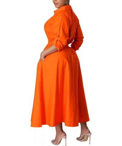 Women's Button Down Shirt A-line Dress Pleated Long Sleeve Casual Maxi Dresses Pockets Front Orange $23.31 Dresses