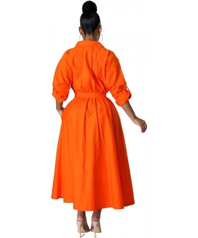 Women's Button Down Shirt A-line Dress Pleated Long Sleeve Casual Maxi Dresses Pockets Front Orange $23.31 Dresses