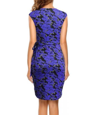 Women's Vintage V-Neck Sheath Casual Party Work Faux Black Wrap Dress Blue Floral $17.34 Dresses