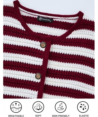 Open Front Cardigan Sweaters for Women Button Down Long Sleeve Casual Cute Knitted Shirts with Pockets Striped Wine Red_white...