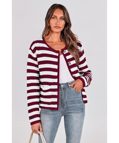 Open Front Cardigan Sweaters for Women Button Down Long Sleeve Casual Cute Knitted Shirts with Pockets Striped Wine Red_white...