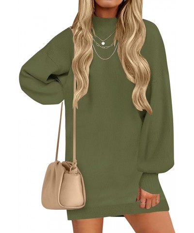 Women's 2024 Fall Turtleneck Sweaters Dress Oversized Long Lantern Sleeve Casual Knit Pullover Short Dresses Armygreen $23.65...