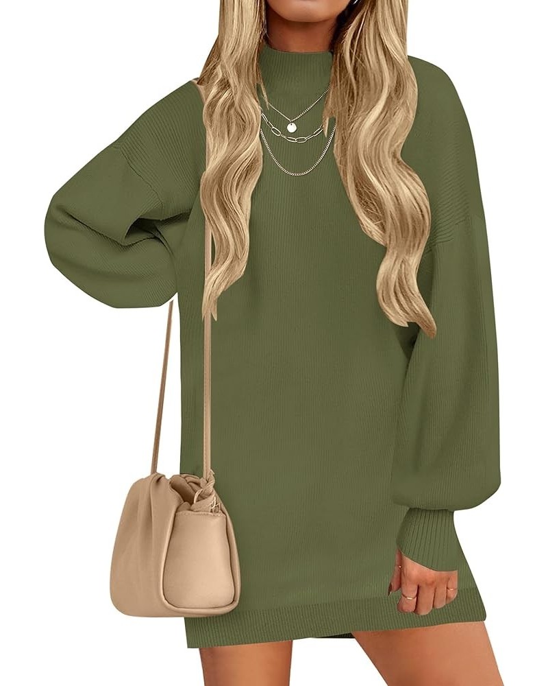 Women's 2024 Fall Turtleneck Sweaters Dress Oversized Long Lantern Sleeve Casual Knit Pullover Short Dresses Armygreen $23.65...