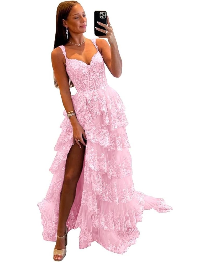 Spaghetti Straps Lace Tulle Tiered Prom Dress Long Slit Sparkly Corset Formal Evening Party Gowns Pink $38.95 Dresses