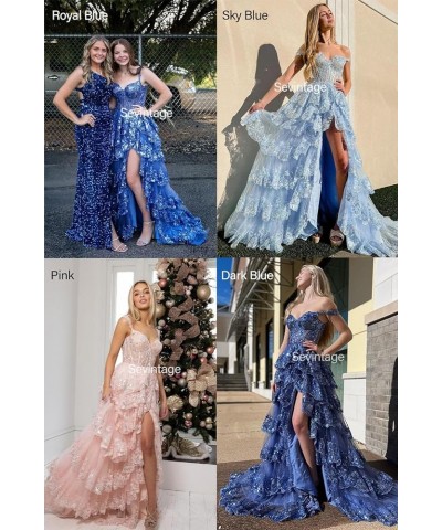 Spaghetti Straps Lace Tulle Tiered Prom Dress Long Slit Sparkly Corset Formal Evening Party Gowns Pink $38.95 Dresses