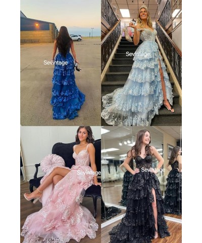 Spaghetti Straps Lace Tulle Tiered Prom Dress Long Slit Sparkly Corset Formal Evening Party Gowns Pink $38.95 Dresses