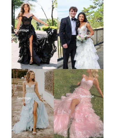 Spaghetti Straps Lace Tulle Tiered Prom Dress Long Slit Sparkly Corset Formal Evening Party Gowns Pink $38.95 Dresses