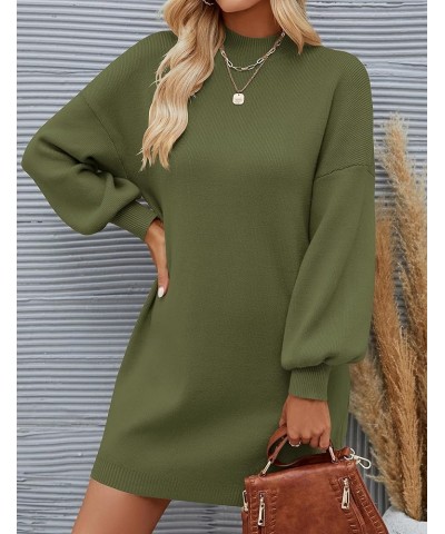 Women's 2024 Fall Turtleneck Sweaters Dress Oversized Long Lantern Sleeve Casual Knit Pullover Short Dresses Armygreen $23.65...