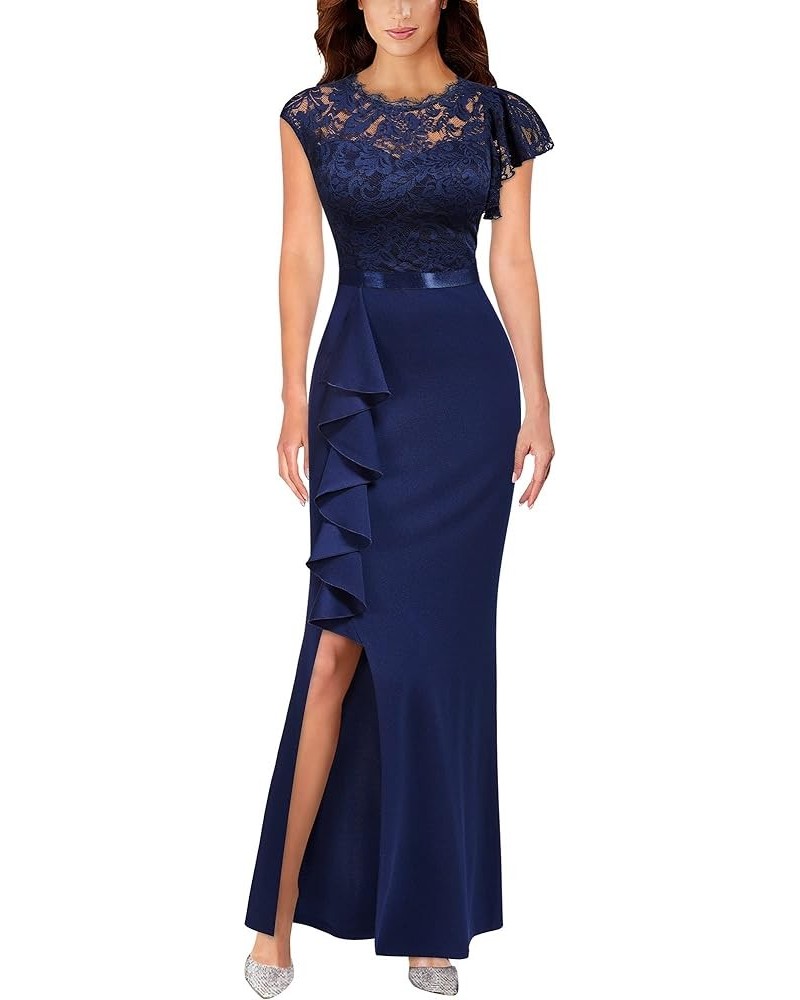 Women's Elegant Floral Lace Ruffle Design Bridesmaid Formal Maxi Dress A-navy Blue $18.90 Dresses