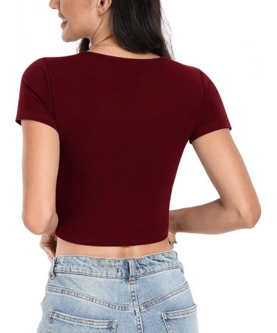 Women's Short Sleeve Crop Top Square Neck Ribbed Silm Baby Tee Summer Fitted Basic T Shirts Burgundy $10.39 T-Shirts