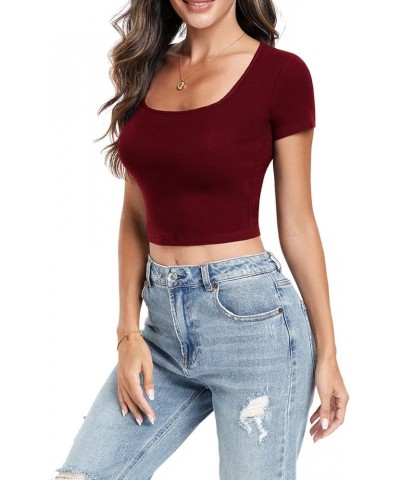 Women's Short Sleeve Crop Top Square Neck Ribbed Silm Baby Tee Summer Fitted Basic T Shirts Burgundy $10.39 T-Shirts