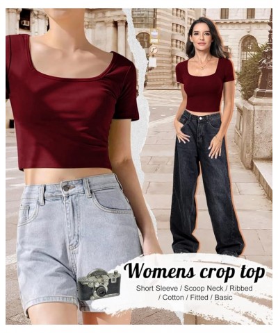 Women's Short Sleeve Crop Top Square Neck Ribbed Silm Baby Tee Summer Fitted Basic T Shirts Burgundy $10.39 T-Shirts