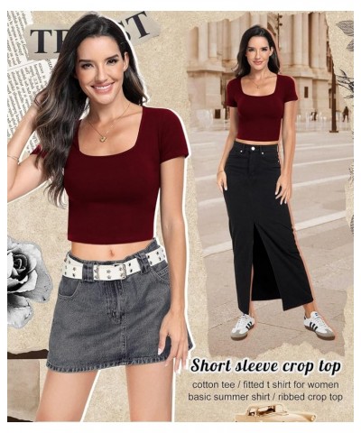 Women's Short Sleeve Crop Top Square Neck Ribbed Silm Baby Tee Summer Fitted Basic T Shirts Burgundy $10.39 T-Shirts