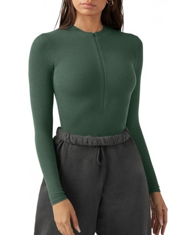 Women's Zipper Sexy V Neck Sleeveless Long Sleeve Ribbed Slimming Basic Bodysuit Tops T Shirts Grey Green $11.93 Bodysuits