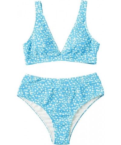 Women's High Waist Bikini Swimsuit Floral Print V Neck Bathing Suit Mint Blue Floral $17.04 Swimsuits