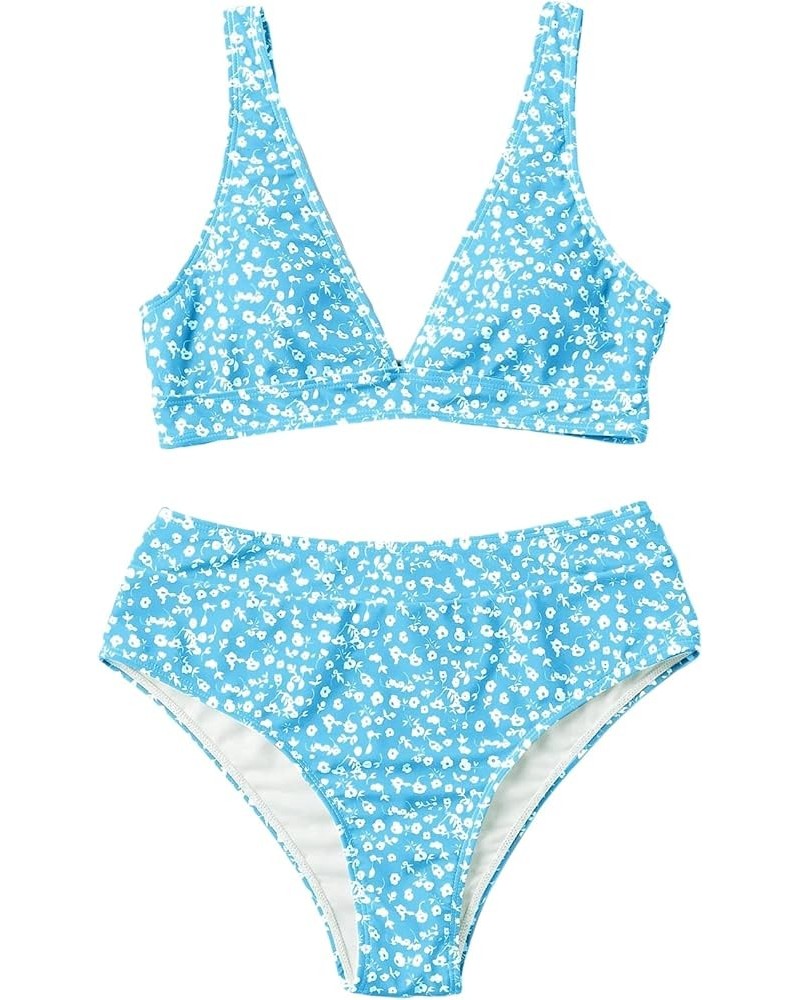 Women's High Waist Bikini Swimsuit Floral Print V Neck Bathing Suit Mint Blue Floral $17.04 Swimsuits