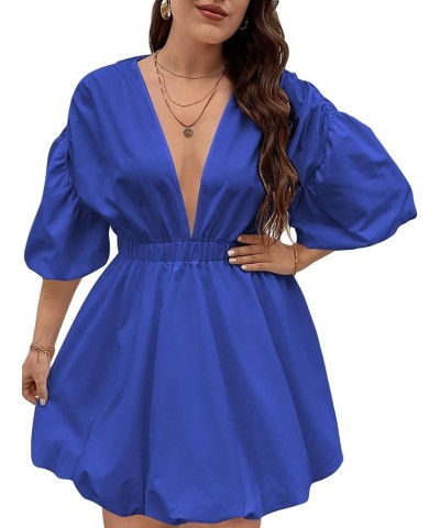 Women's Plus Size Deep V Neck Puff Lantern Sleeve Flowy Flare Dress A Line Mini Dress Blue $22.79 Dresses