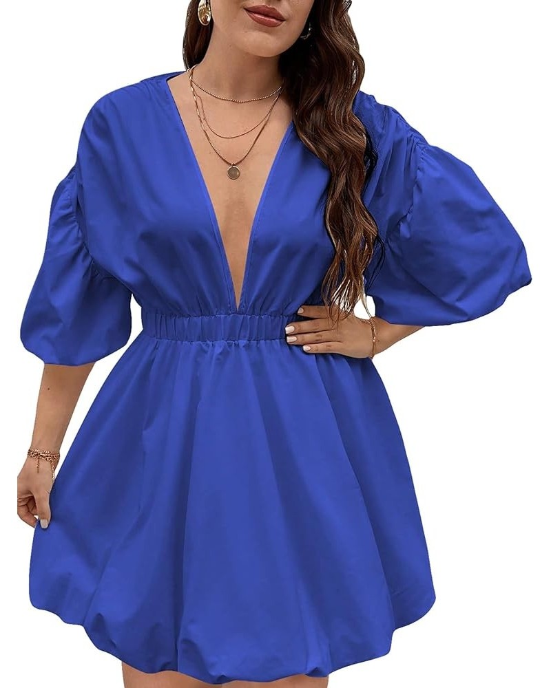 Women's Plus Size Deep V Neck Puff Lantern Sleeve Flowy Flare Dress A Line Mini Dress Blue $22.79 Dresses