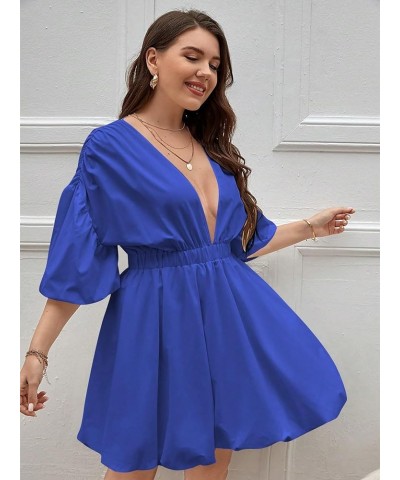 Women's Plus Size Deep V Neck Puff Lantern Sleeve Flowy Flare Dress A Line Mini Dress Blue $22.79 Dresses