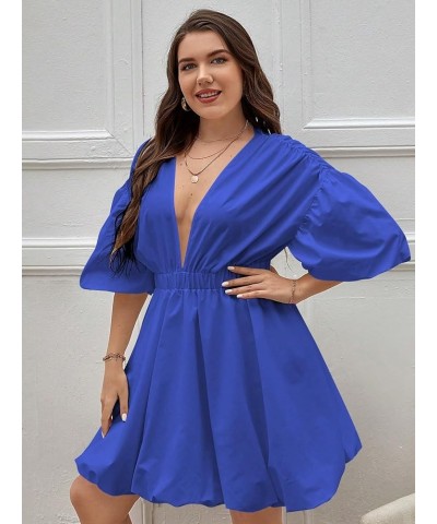 Women's Plus Size Deep V Neck Puff Lantern Sleeve Flowy Flare Dress A Line Mini Dress Blue $22.79 Dresses