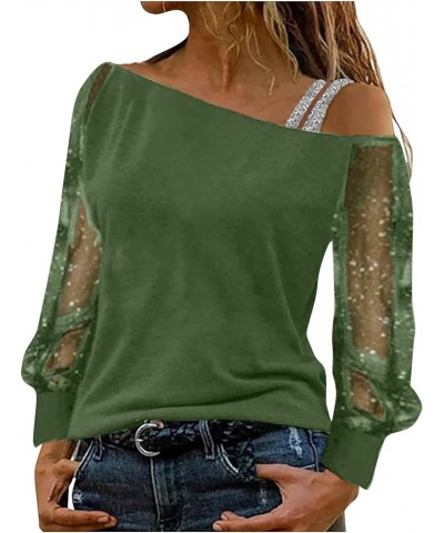 Women's Sexy Off The Shoulder Tops Shiny Sparkly Sequin Strap Sheer Long Sleeve Shirts Solid Color T Shirt Blouses Green $7.0...