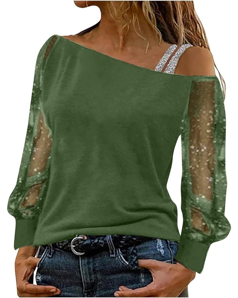 Women's Sexy Off The Shoulder Tops Shiny Sparkly Sequin Strap Sheer Long Sleeve Shirts Solid Color T Shirt Blouses Green $7.0...