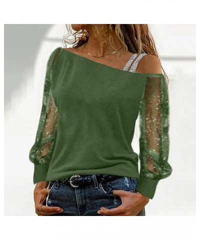 Women's Sexy Off The Shoulder Tops Shiny Sparkly Sequin Strap Sheer Long Sleeve Shirts Solid Color T Shirt Blouses Green $7.0...