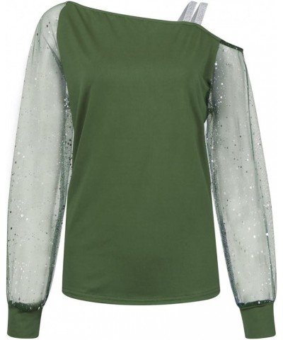 Women's Sexy Off The Shoulder Tops Shiny Sparkly Sequin Strap Sheer Long Sleeve Shirts Solid Color T Shirt Blouses Green $7.0...