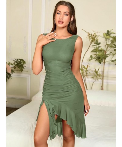 Women's Bodycon Midi Dress Sleeveless Ruched Ruffle Hem Elegant Cocktail Party Tank Dresses Green $21.82 Dresses