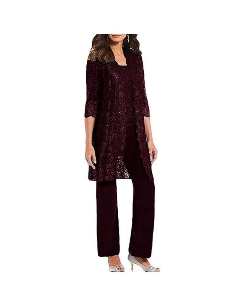 Mother of The Bride Pant Suits for Wedding Lace Wedding Guest Dresses Plus Size 3Pcs Burgundy $46.38 Suits