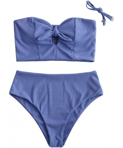 Women Keyhole High Waisted Bikini Set Knot Front Swimsuit Spaghetti Straps Two Pieces Tankini Bathing Suit Cornflower Blue $2...