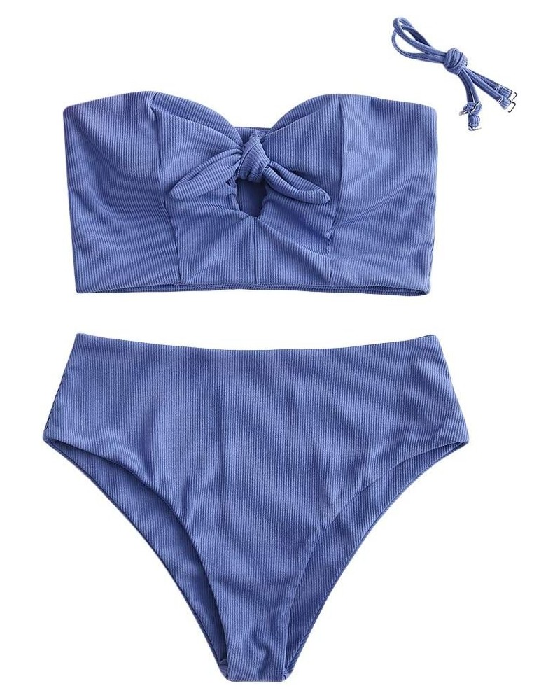 Women Keyhole High Waisted Bikini Set Knot Front Swimsuit Spaghetti Straps Two Pieces Tankini Bathing Suit Cornflower Blue $2...