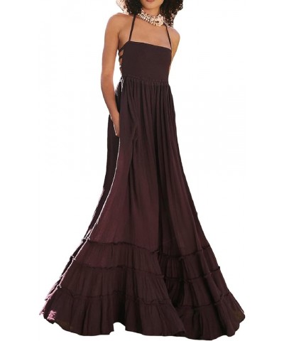 Women Y2k Pleated Spaghetti Strap Maxi Dress Backless Cutout Long Cami Dress Tie Back Ruffle Dresses Beach Wear L-dark Brown ...