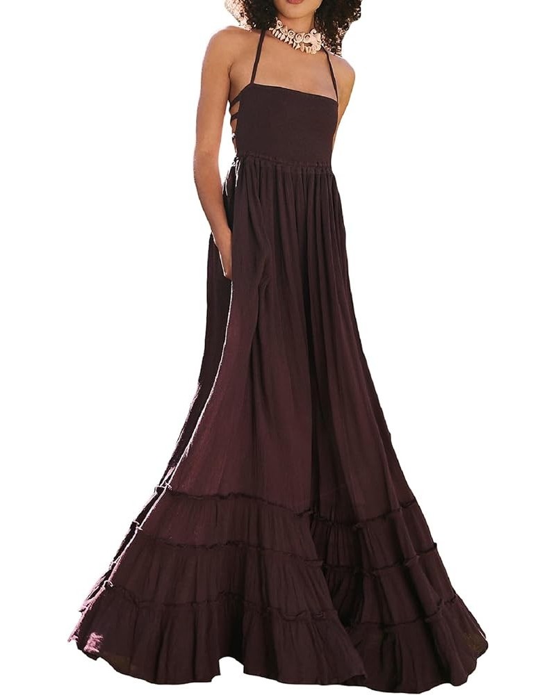 Women Y2k Pleated Spaghetti Strap Maxi Dress Backless Cutout Long Cami Dress Tie Back Ruffle Dresses Beach Wear L-dark Brown ...