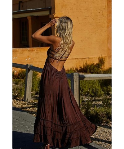 Women Y2k Pleated Spaghetti Strap Maxi Dress Backless Cutout Long Cami Dress Tie Back Ruffle Dresses Beach Wear L-dark Brown ...