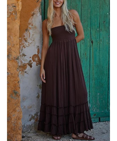 Women Y2k Pleated Spaghetti Strap Maxi Dress Backless Cutout Long Cami Dress Tie Back Ruffle Dresses Beach Wear L-dark Brown ...