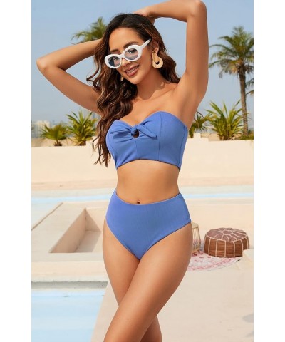 Women Keyhole High Waisted Bikini Set Knot Front Swimsuit Spaghetti Straps Two Pieces Tankini Bathing Suit Cornflower Blue $2...