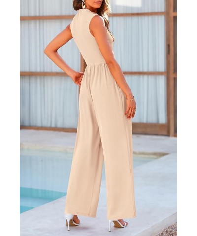 Womens Summer Jumpsuits Dressy Casual One Piece Outfits Sleeveless Mock Neck Wide Leg Pants Rompers with Pockets Beige $22.00...